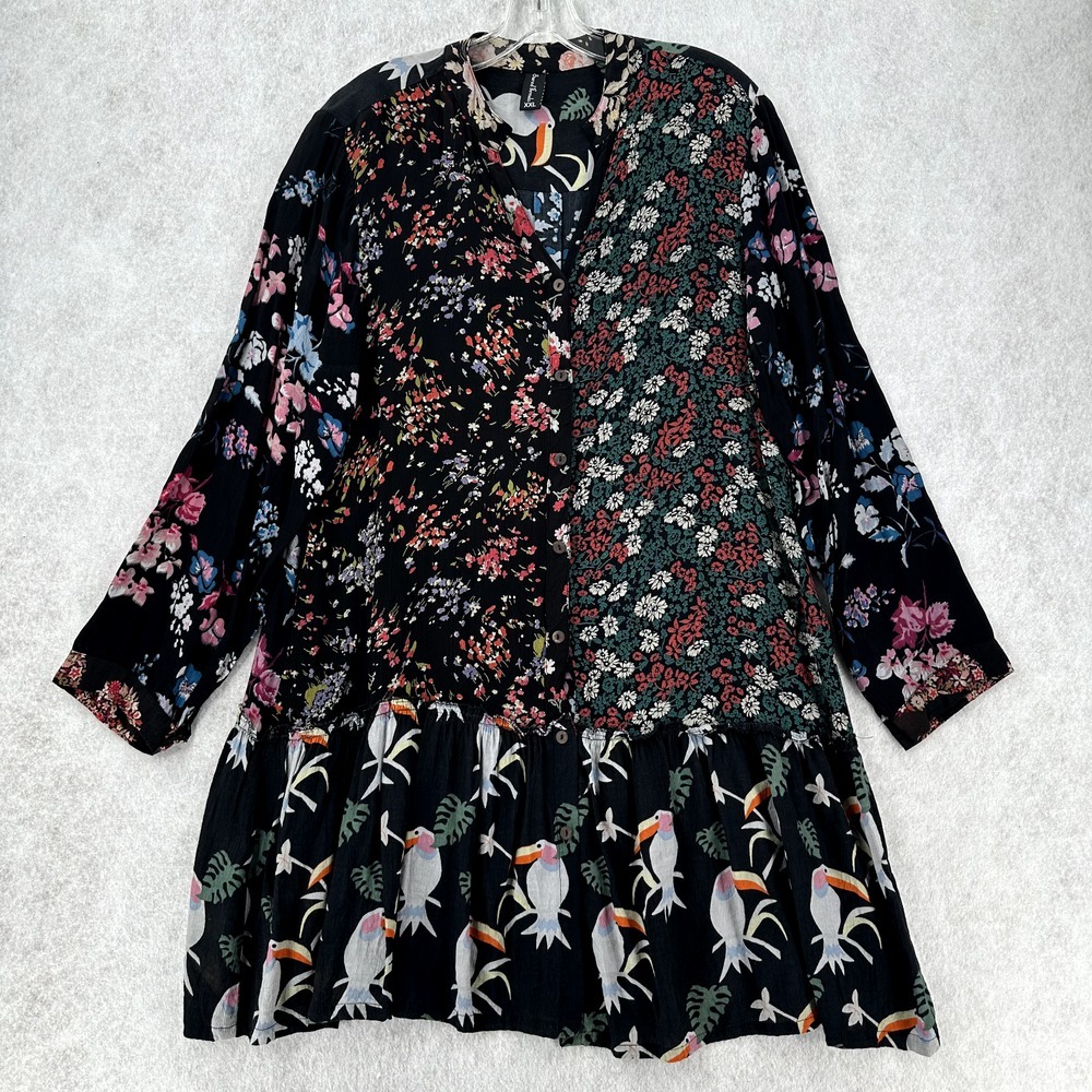 Sacred Threads Dress Womens XXL Patchwork‎ Boho Long Sleeve Tiered Birds Chiffon